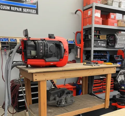 Commercial Sanitaire upright vacuum on the service bench at CFI Vacuum in Richmond